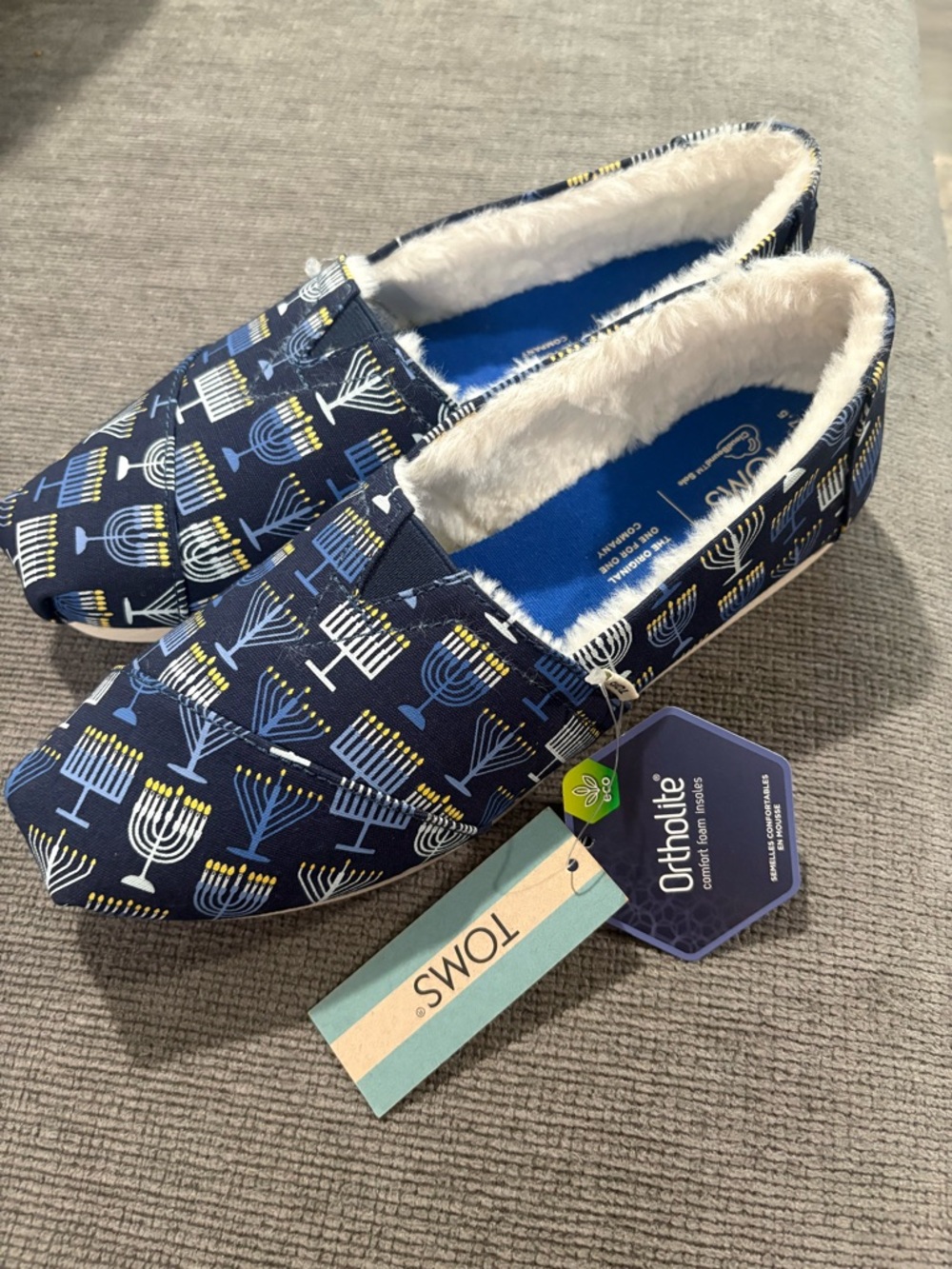 Toms Navy Canvas Slip-Ons with Menorah Pattern